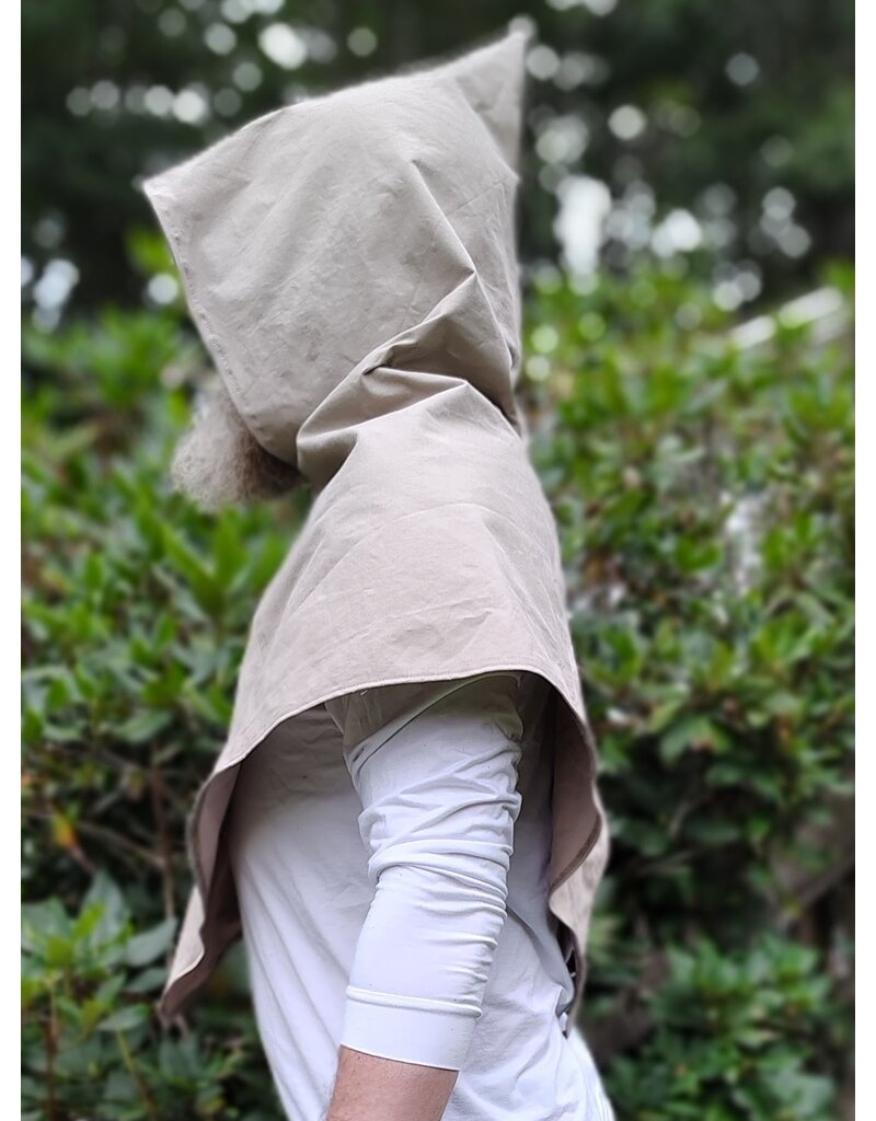 Cloakmakers.com H589-Washable Beige Cotton Blend Pointy Hooded Cowl w/ Celtic Knotted Beasts Embroidery