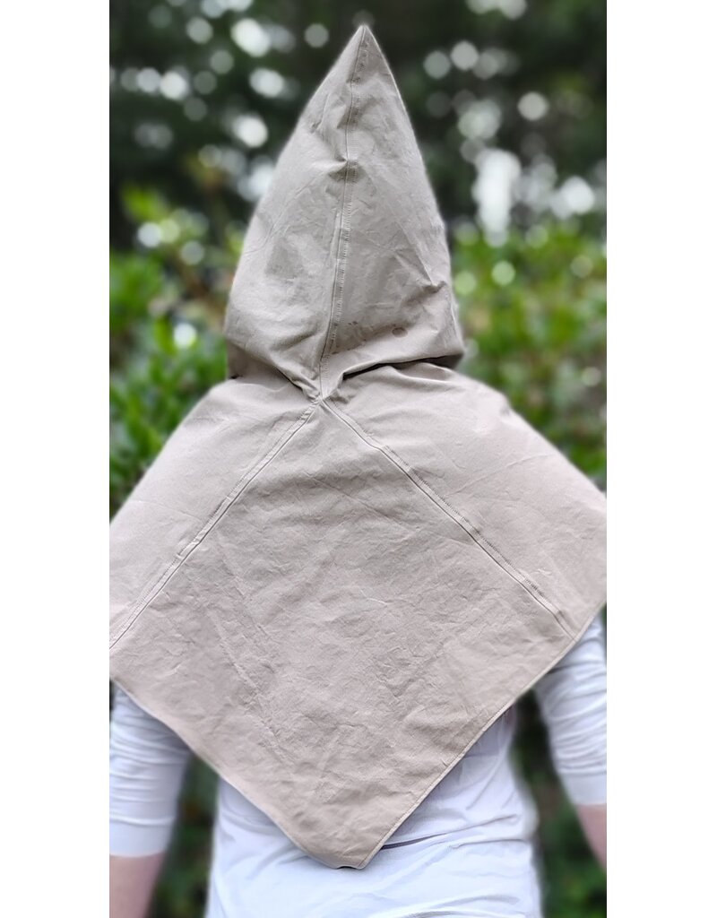 Cloakmakers.com H589-Washable Beige Cotton Blend Pointy Hooded Cowl w/ Celtic Knotted Beasts Embroidery