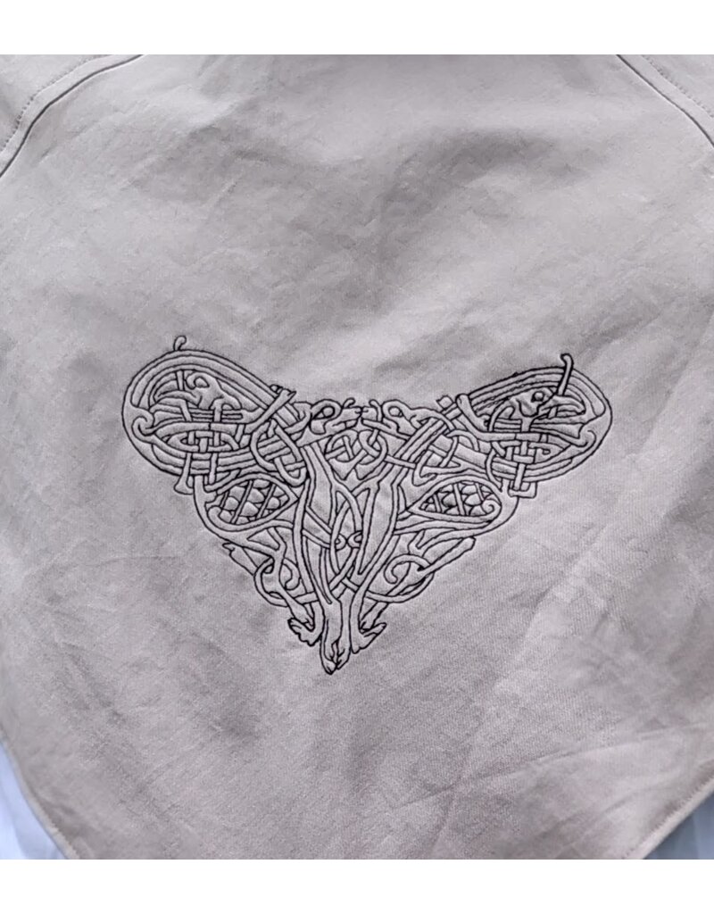 Cloakmakers.com H589-Washable Beige Cotton Blend Pointy Hooded Cowl w/ Celtic Knotted Beasts Embroidery