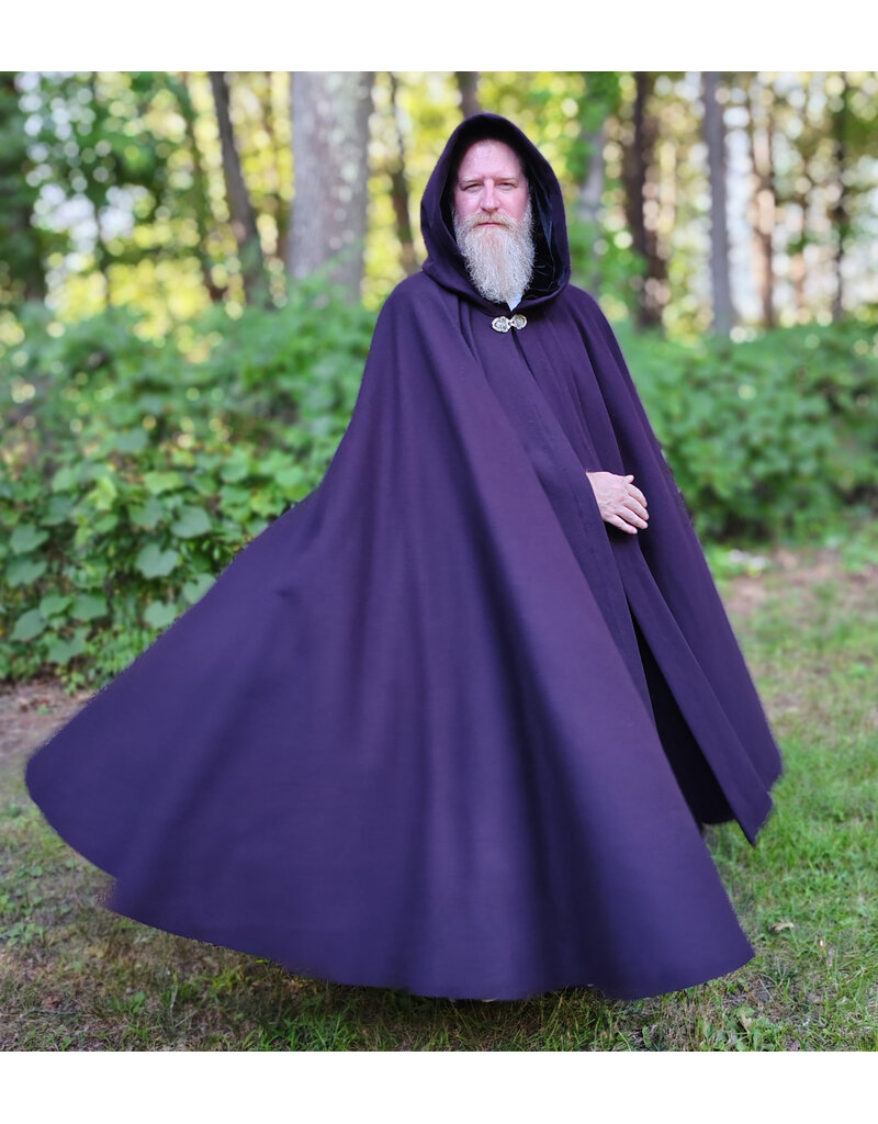 Cloakmakers.com 6127-Washable Deep Purple Wool Cloak w/ Black Velvet Hood Lining & Gothic Rose Clasp