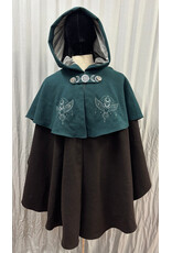 Cloakmakers.com 6132 - Teal and Brown Wool Mantle with Owl Embroidery & Pockets