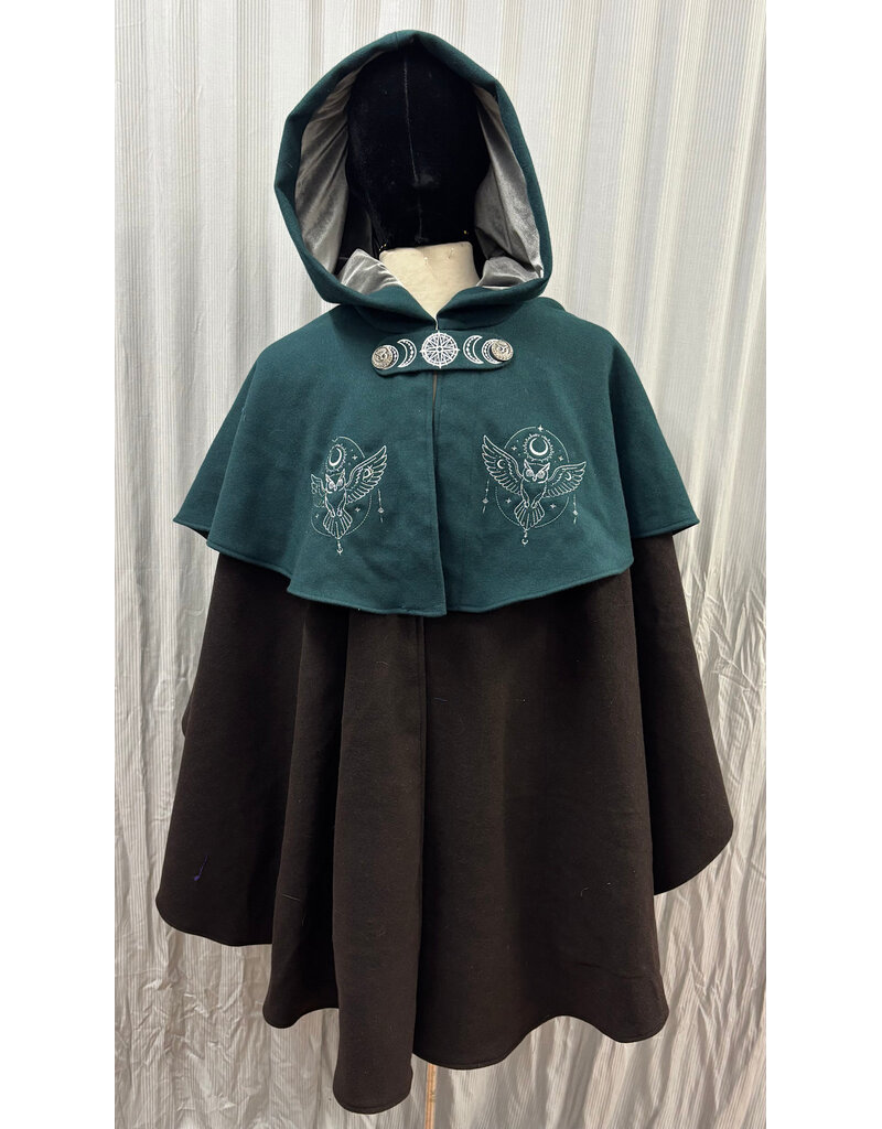 Cloakmakers.com 6132 - Teal and Brown Wool Mantle with Owl Embroidery & Pockets