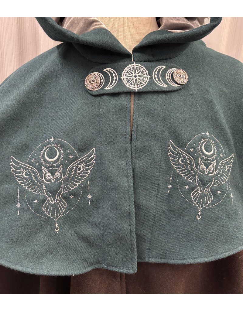 Cloakmakers.com 6132 - Teal and Brown Wool Mantle with Owl Embroidery & Pockets