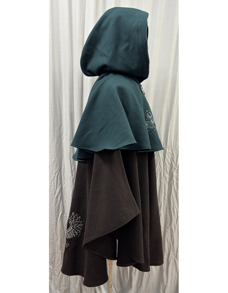 Cloakmakers.com 6132 - Teal and Brown Wool Mantle with Owl Embroidery & Pockets