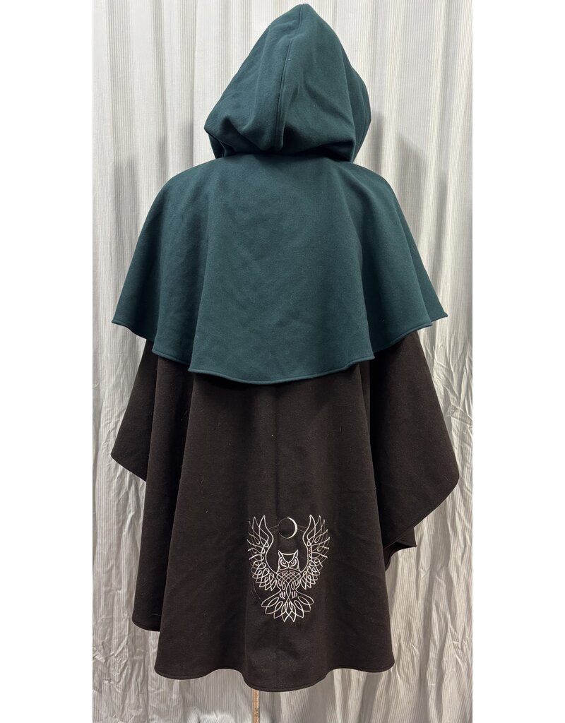 Cloakmakers.com 6132 - Teal and Brown Wool Mantle with Owl Embroidery & Pockets