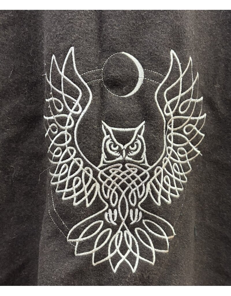 Cloakmakers.com 6132 - Teal and Brown Wool Mantle with Owl Embroidery & Pockets