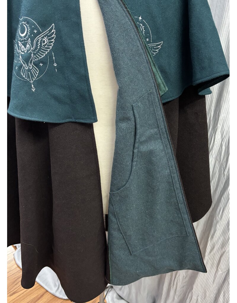 Cloakmakers.com 6132 - Teal and Brown Wool Mantle with Owl Embroidery & Pockets