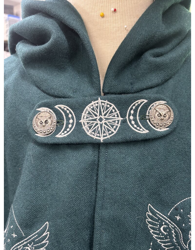 Cloakmakers.com 6132 - Teal & Brown Wool Mantle Cloak w/ Owl Embroidery & Pockets