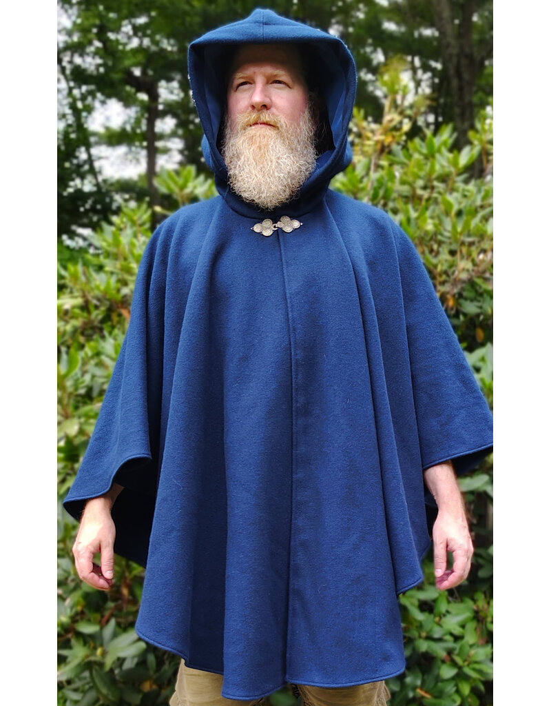 Cloakmakers.com 6133-Washable Blue Wool Blend Ruana Cloak w/ Light Blue Velveteen Hood Lining & Four Pockets