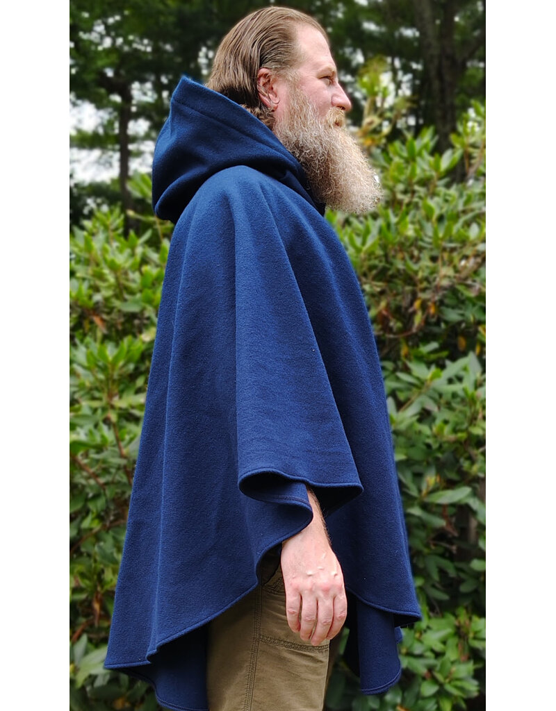 Cloakmakers.com 6133-Washable Blue Wool Blend Ruana Cloak w/ Light Blue Velveteen Hood Lining & Four Pockets