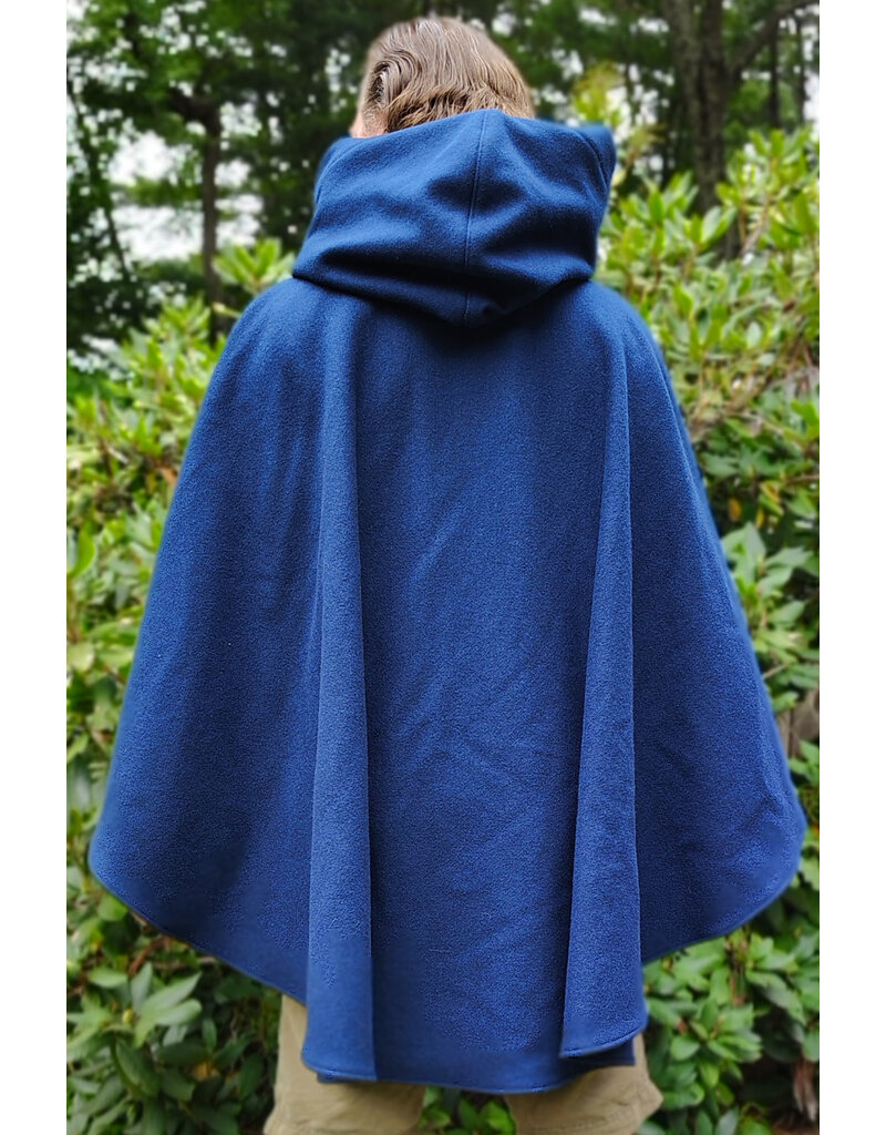 Cloakmakers.com 6133-Washable Blue Wool Blend Ruana Cloak w/ Light Blue Velveteen Hood Lining & Four Pockets
