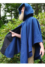 Cloakmakers.com 6133-Washable Blue Wool Blend Ruana Cloak w/ Light Blue Velveteen Hood Lining & Four Pockets