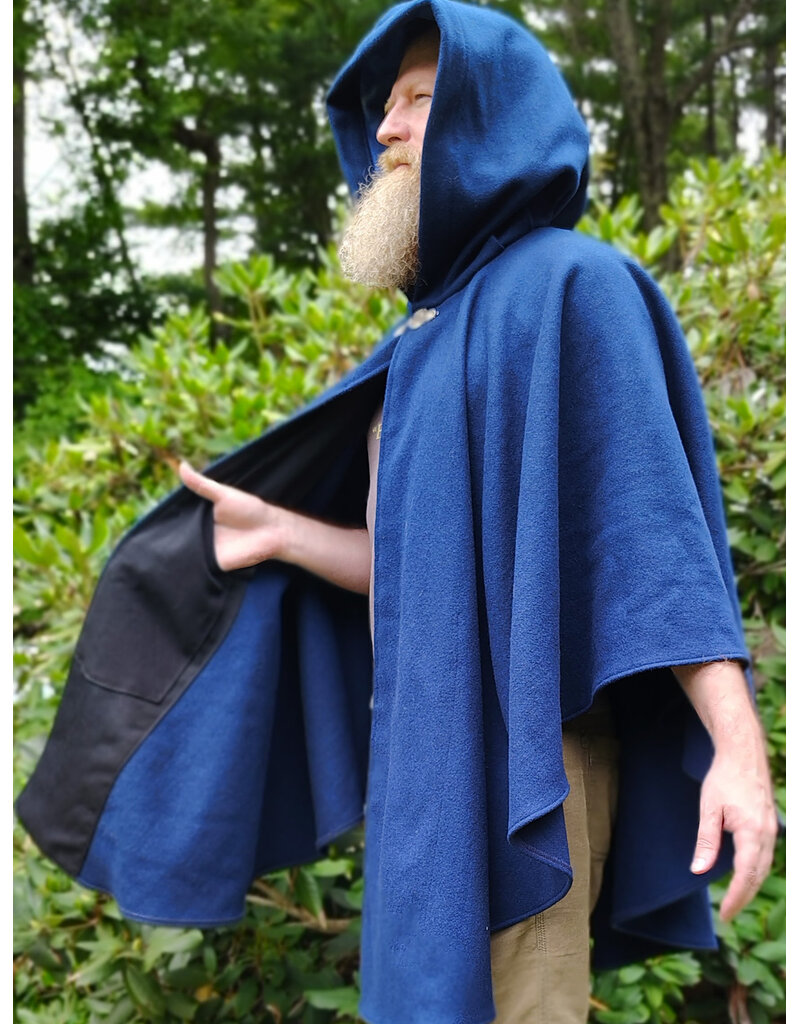 Cloakmakers.com 6133-Washable Blue Wool Blend Ruana Cloak w/ Light Blue Velveteen Hood Lining & Four Pockets