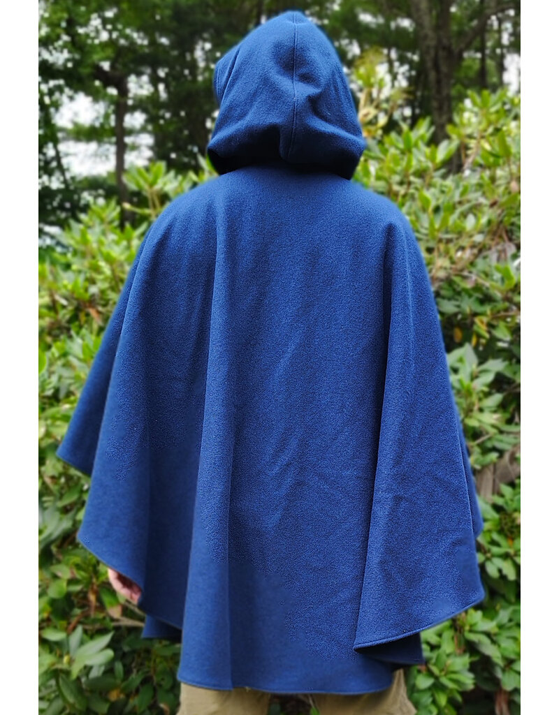 Cloakmakers.com 6133-Washable Blue Wool Blend Ruana Cloak w/ Light Blue Velveteen Hood Lining & Four Pockets