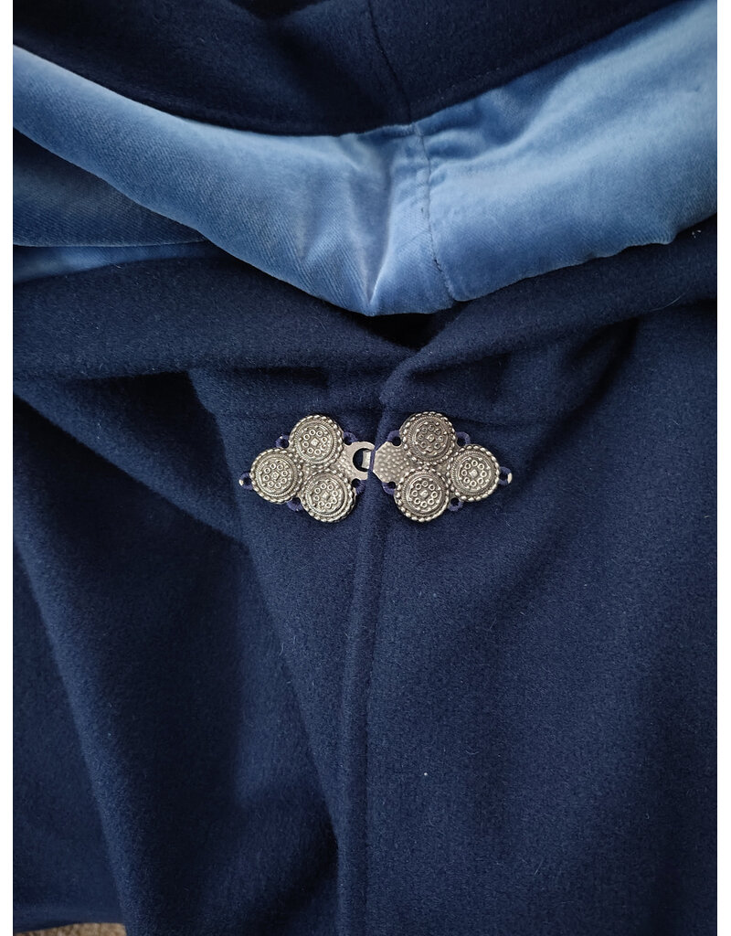 Cloakmakers.com 6133-Washable Blue Wool Blend Ruana Cloak w/ Light Blue Velveteen Hood Lining & Four Pockets
