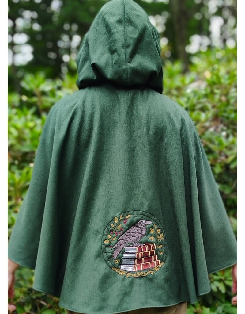 Cloakmakers.com 6135-Washable Green Wool Cloak w/ Black Velvet Hood Lining & Large Raven Embroidery & Two Pockets