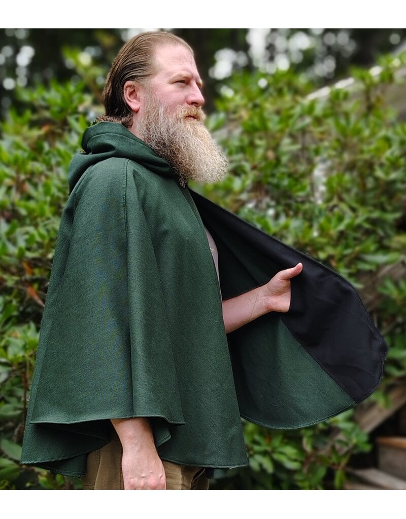 Cloakmakers.com 6135-Washable Green Wool Cloak w/ Black Velvet Hood Lining & Large Raven Embroidery & Two Pockets