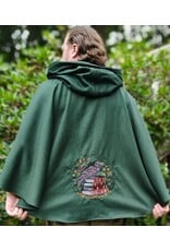 Cloakmakers.com 6135-Washable Green Wool Cloak w/ Black Velvet Hood Lining & Large Raven Embroidery & Two Pockets