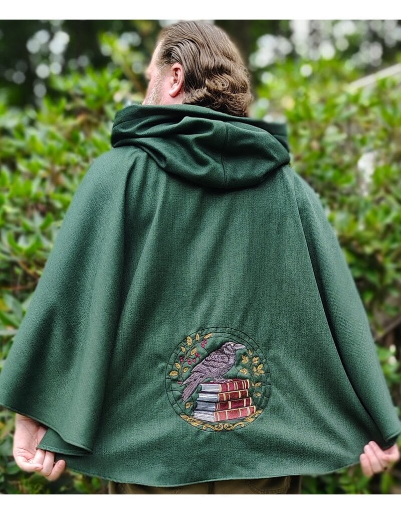 Cloakmakers.com 6135-Washable Green Wool Cloak w/ Black Velvet Hood Lining & Large Raven Embroidery & Two Pockets