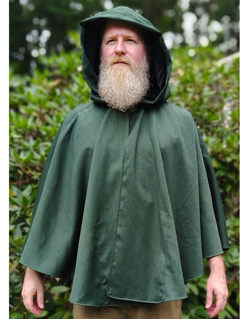 Cloakmakers.com 6135-Washable Green Wool Cloak w/ Black Velvet Hood Lining & Large Raven Embroidery & Two Pockets