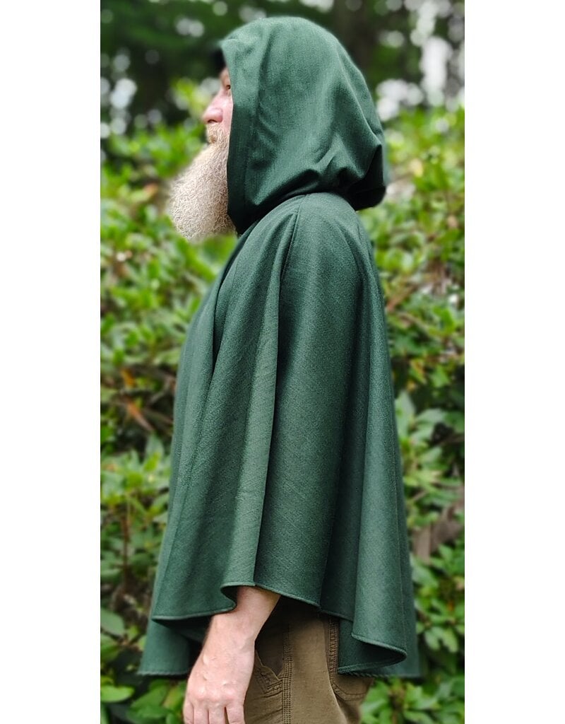 Cloakmakers.com 6135-Washable Green Wool Cloak w/ Black Velvet Hood Lining & Large Raven Embroidery & Two Pockets
