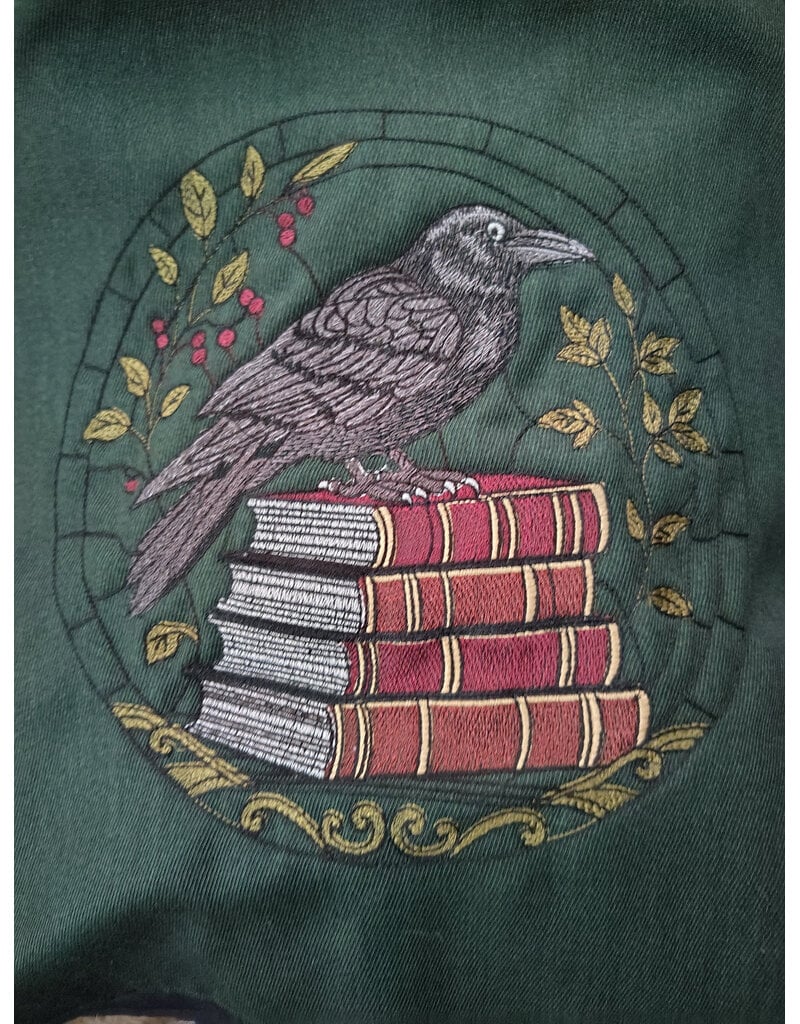 Cloakmakers.com 6135-Washable Green Wool Cloak w/ Black Velvet Hood Lining & Large Raven Embroidery & Two Pockets