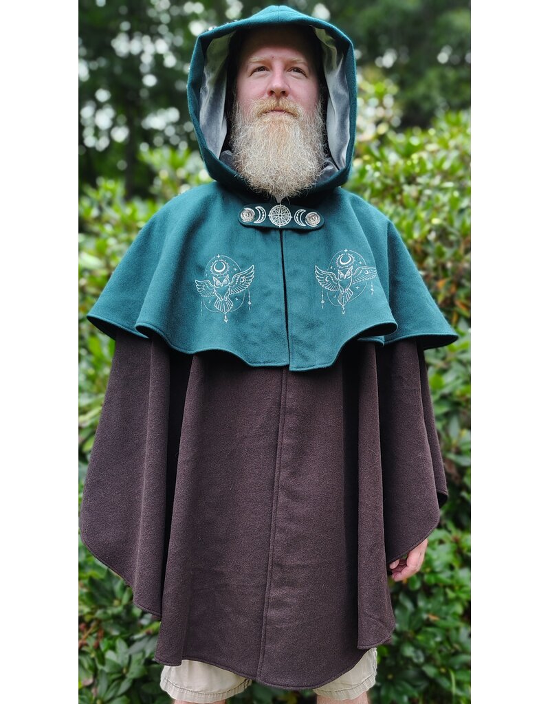 Cloakmakers.com 6132 - Teal & Brown Wool Mantle Cloak w/ Owl Embroidery & Pockets