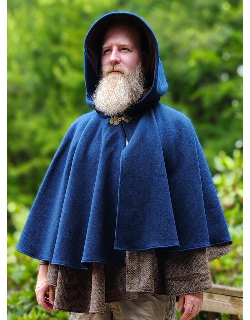 Cloakmakers.com 6137-Washable Blue & Brown Checkered Wool Blend Mantle Cloak w/ Brown Velvet Hood Lining & Triple Medallion Clasp