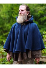 Cloakmakers.com 6137-Washable Blue & Brown Checkered Wool Blend Mantle Cloak w/ Brown Velvet Hood Lining & Triple Medallion Clasp