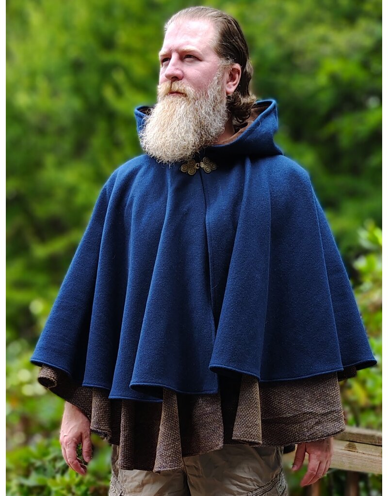 Cloakmakers.com 6137-Washable Blue & Brown Checkered Wool Blend Mantle Cloak w/ Brown Velvet Hood Lining & Triple Medallion Clasp