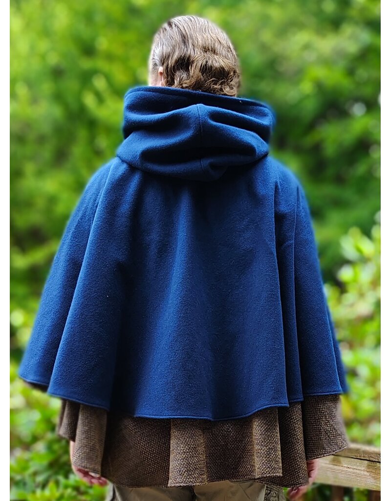 Cloakmakers.com 6137-Washable Blue & Brown Checkered Wool Blend Mantle Cloak w/ Brown Velvet Hood Lining & Triple Medallion Clasp