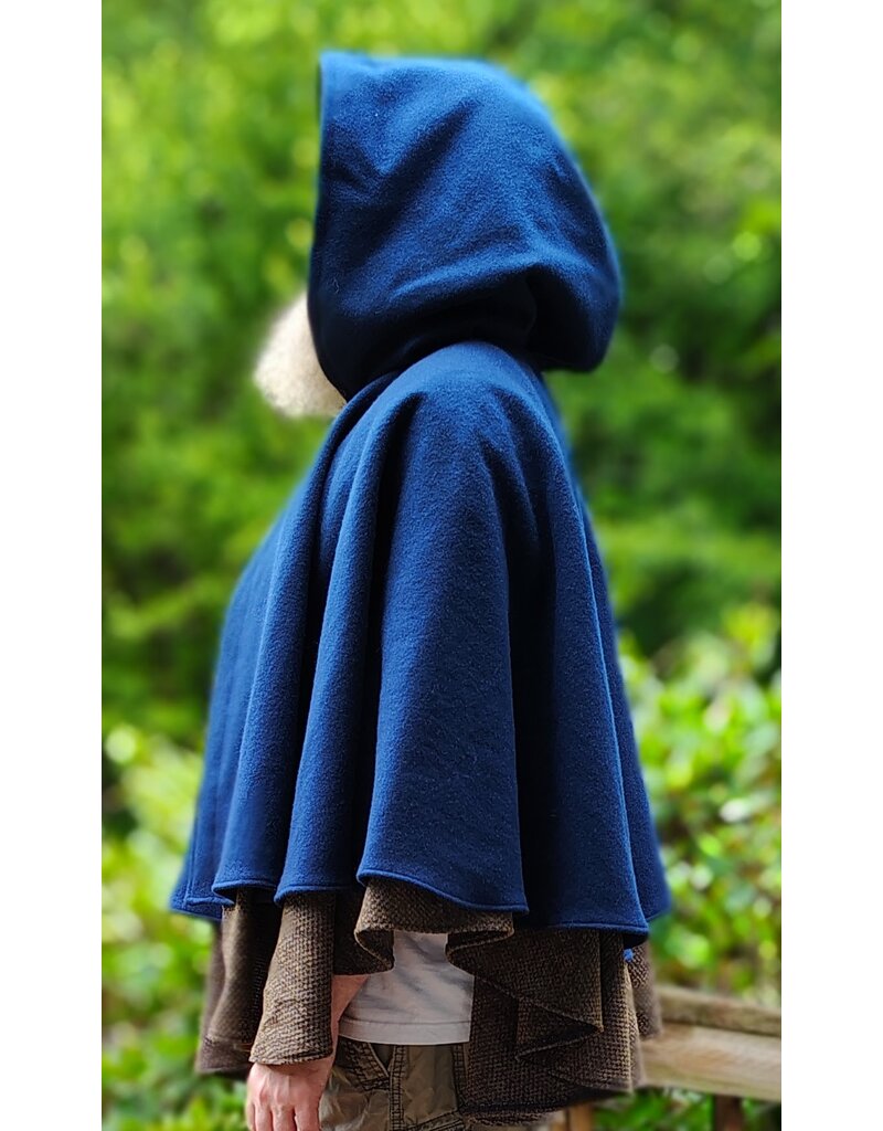 Cloakmakers.com 6137-Washable Blue & Brown Checkered Wool Blend Mantle Cloak w/ Brown Velvet Hood Lining & Triple Medallion Clasp