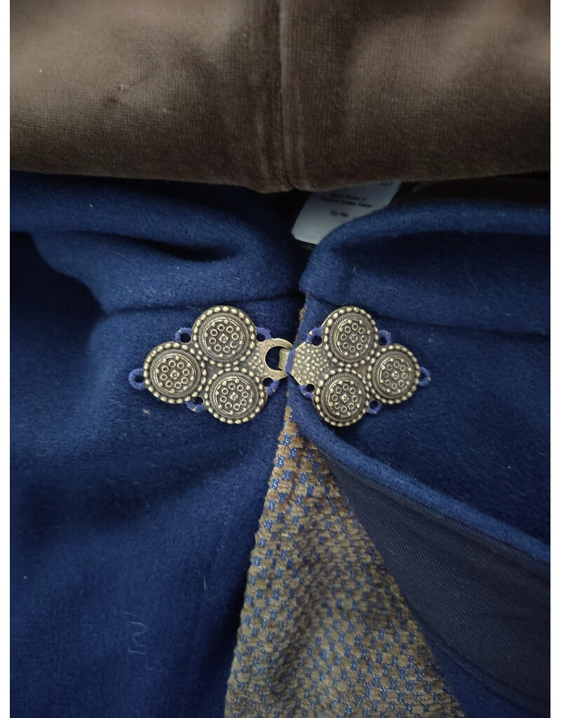 Cloakmakers.com 6137-Washable Blue & Brown Checkered Wool Blend Mantle Cloak w/ Brown Velvet Hood Lining & Triple Medallion Clasp