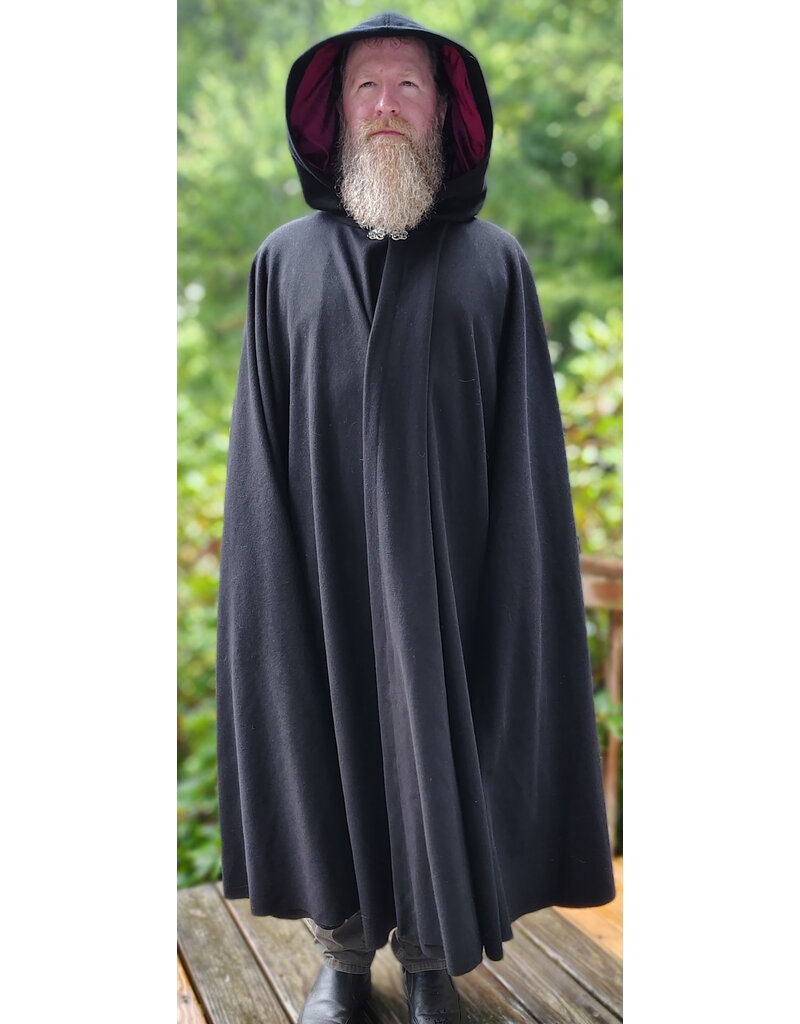 Cloakmakers.com 6138-Washable Black Wool Cloak w/ Crimson Velvet Hood Lining & Silver Tone Clasp