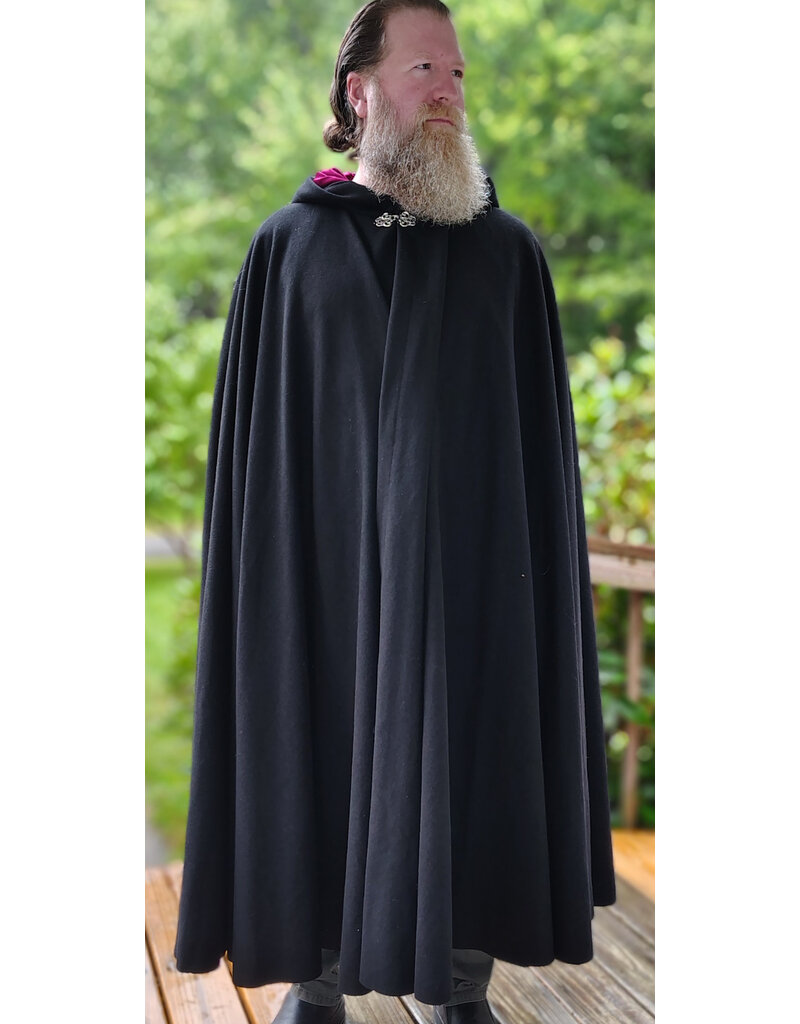 Cloakmakers.com 6138-Washable Black Wool Cloak w/ Burgundy Velvet Hood Lining & Silver Tone Clasp