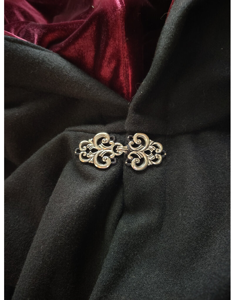 Cloakmakers.com 6138-Washable Black Wool Cloak w/ Burgundy Velvet Hood Lining & Silver Tone Clasp