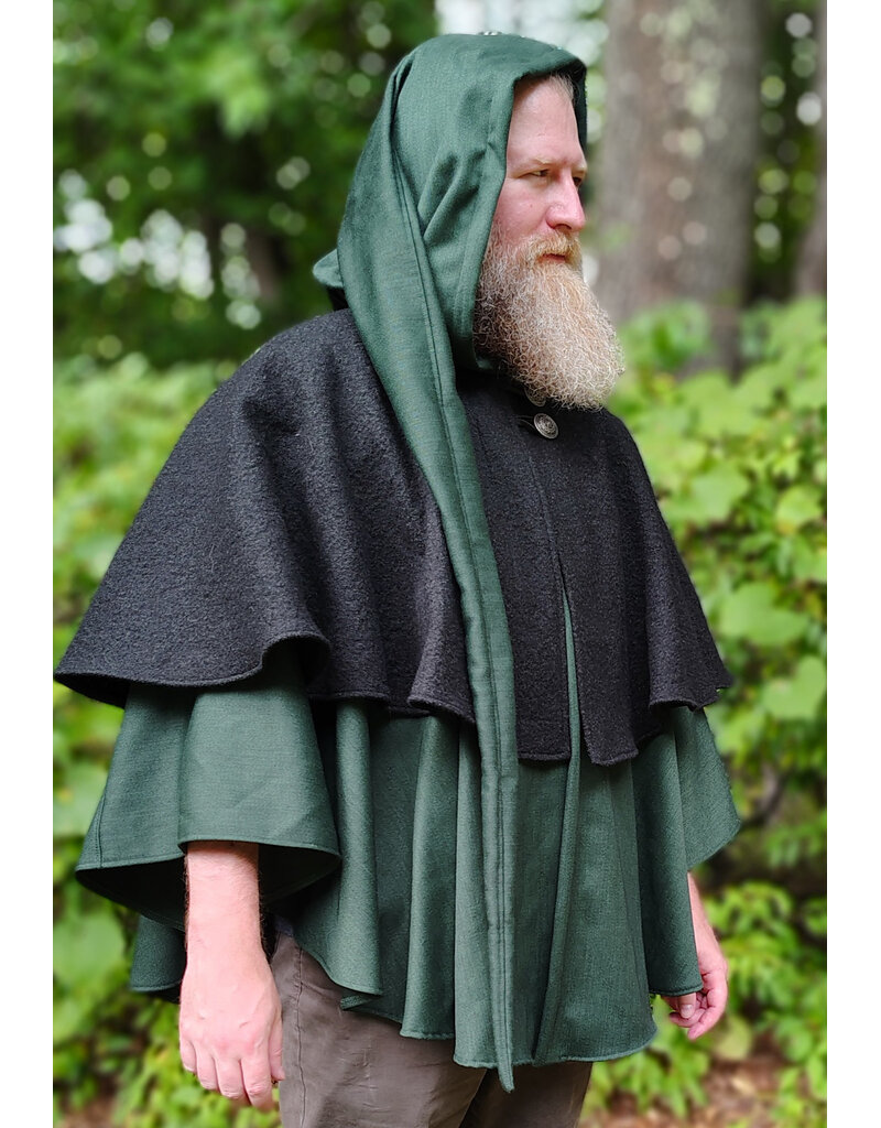 Cloakmakers.com 6139-Washable Black & Green Wool Mantle Cloak w/ Black Velvet Hood Lining & Long Liripipe