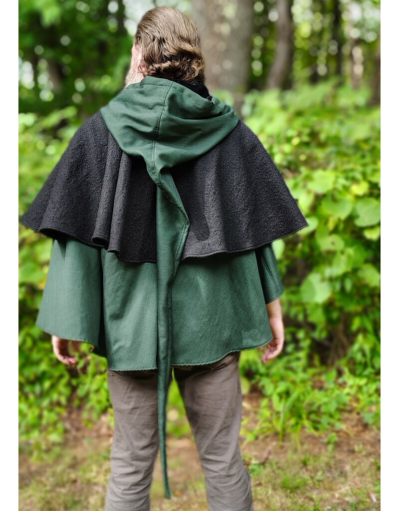Cloakmakers.com 6139-Washable Black & Green Wool Mantle Cloak w/ Black Velvet Hood Lining & Long Liripipe