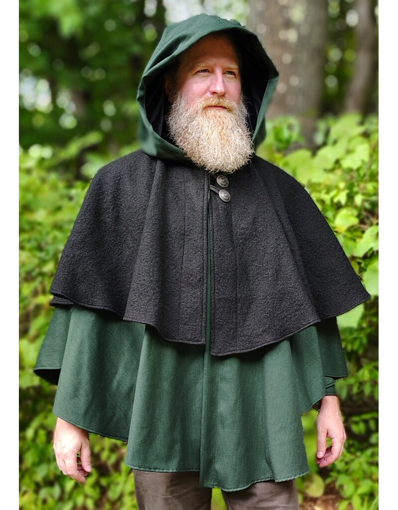 Cloakmakers.com 6139-Washable Black & Green Wool Mantle Cloak w/ Black Velvet Hood Lining & Long Liripipe