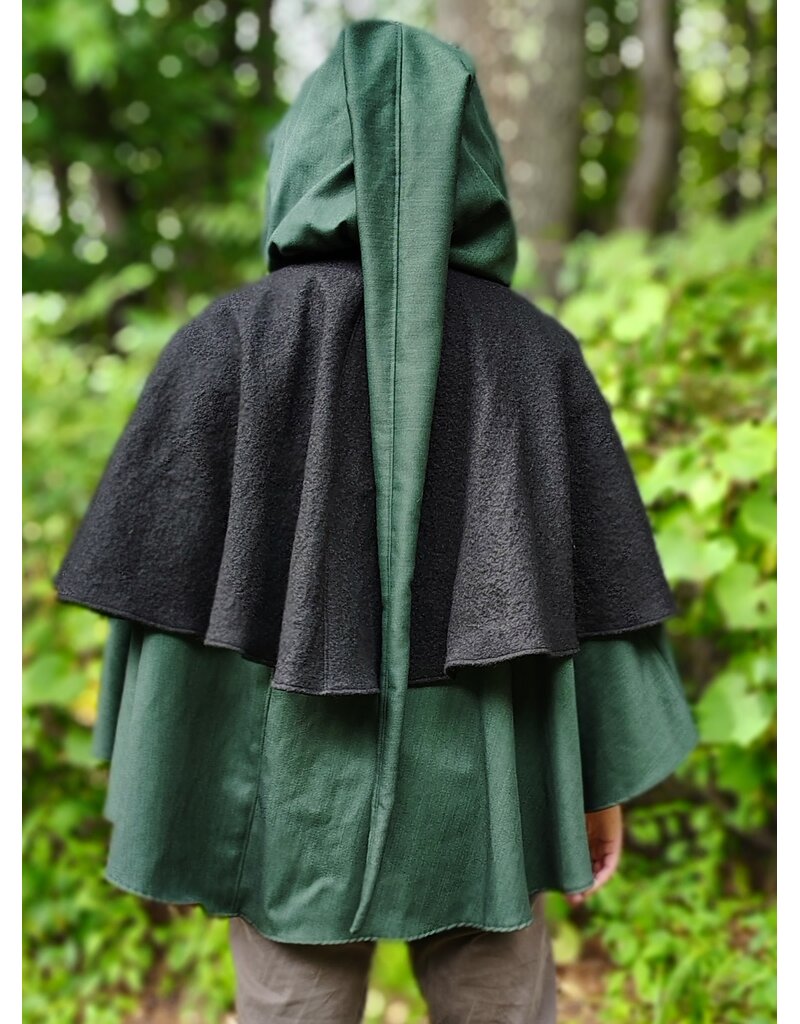 Cloakmakers.com 6139-Washable Black & Green Wool Mantle Cloak w/ Black Velvet Hood Lining & Long Liripipe