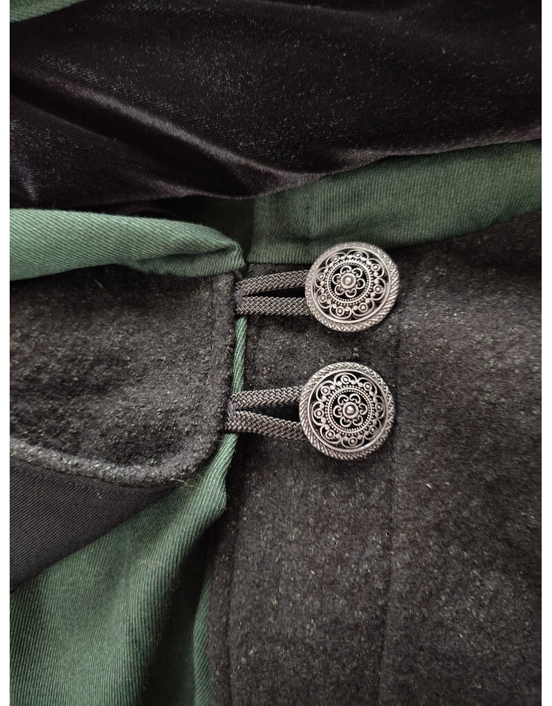 Cloakmakers.com 6139-Washable Black & Green Wool Mantle Cloak w/ Black Velvet Hood Lining & Long Liripipe