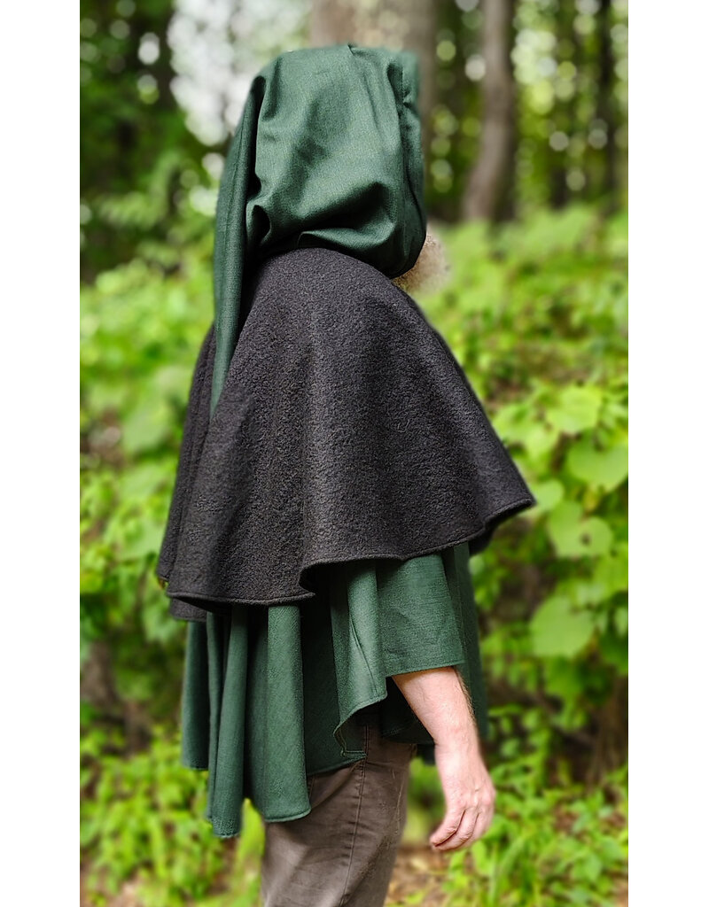 Cloakmakers.com 6139-Washable Black & Green Wool Mantle Cloak w/ Black Velvet Hood Lining & Long Liripipe