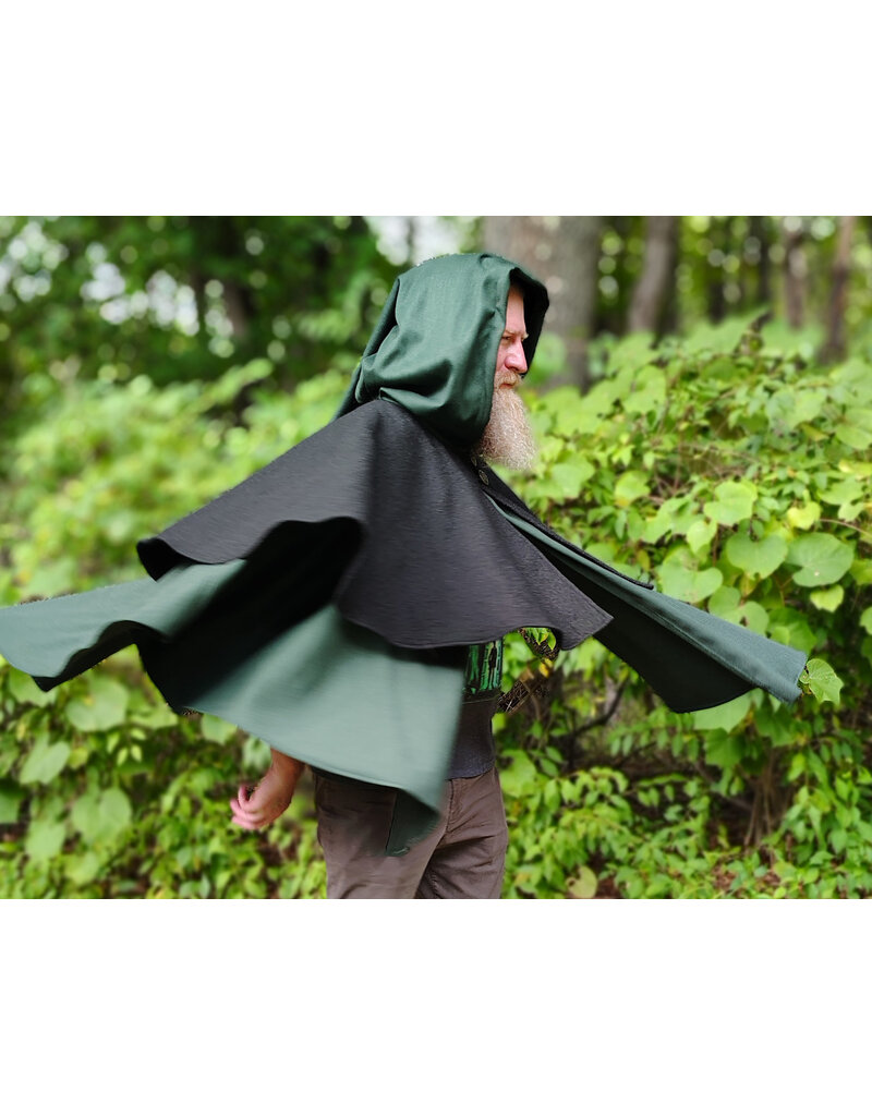 Cloakmakers.com 6139-Washable Black & Green Wool Mantle Cloak w/ Black Velvet Hood Lining & Long Liripipe