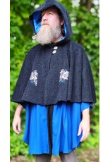 Cloakmakers.com 6141-Washable Charcoal & Bright Blue Wool Blend Mantle Cloak w/ Blue Velvet Hood Lining & Dual Wolf Embroidery