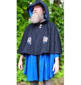 Cloakmakers.com 6141-Washable Charcoal & Bright Blue Wool Blend Mantle Cloak w/ Blue Velvet Hood Lining & Dual Wolf Embroidery