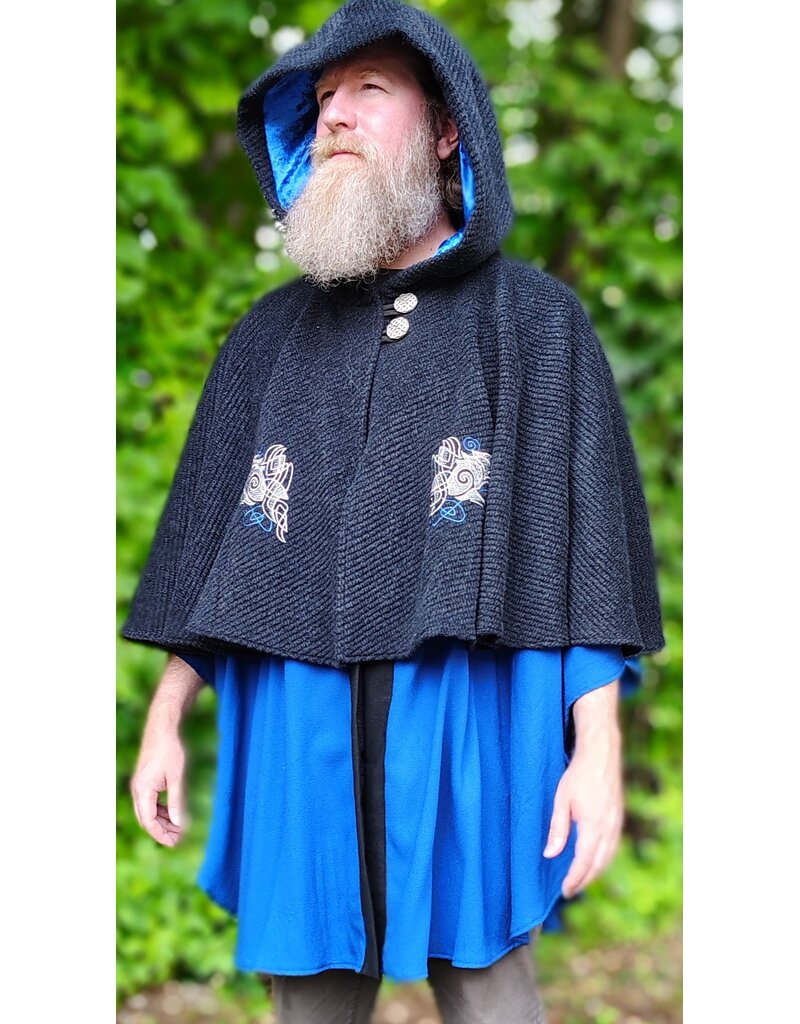 Cloakmakers.com 6141-Washable Charcoal & Bright Blue Wool Blend Mantle Cloak w/ Blue Velvet Hood Lining & Dual Wolf Embroidery