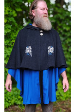 Cloakmakers.com 6141-Washable Charcoal & Bright Blue Wool Blend Mantle Cloak w/ Blue Velvet Hood Lining & Dual Wolf Embroidery