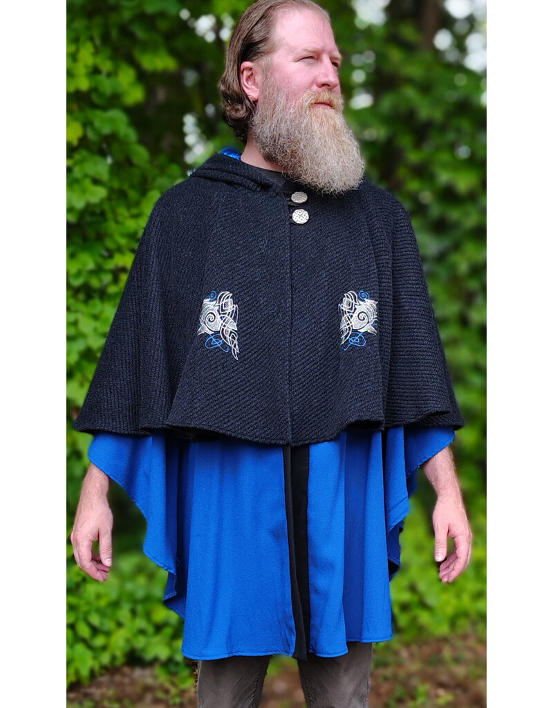 Cloakmakers.com 6141-Washable Charcoal & Bright Blue Wool Blend Mantle Cloak w/ Blue Velvet Hood Lining & Dual Wolf Embroidery