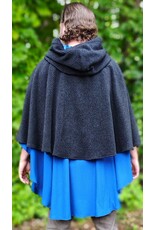 Cloakmakers.com 6141-Washable Charcoal & Bright Blue Wool Blend Mantle Cloak w/ Blue Velvet Hood Lining & Dual Wolf Embroidery