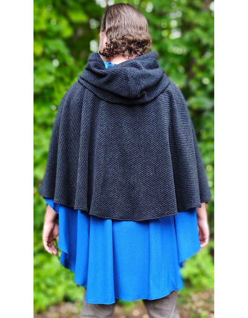 Cloakmakers.com 6141-Washable Charcoal & Bright Blue Wool Blend Mantle Cloak w/ Blue Velvet Hood Lining & Dual Wolf Embroidery